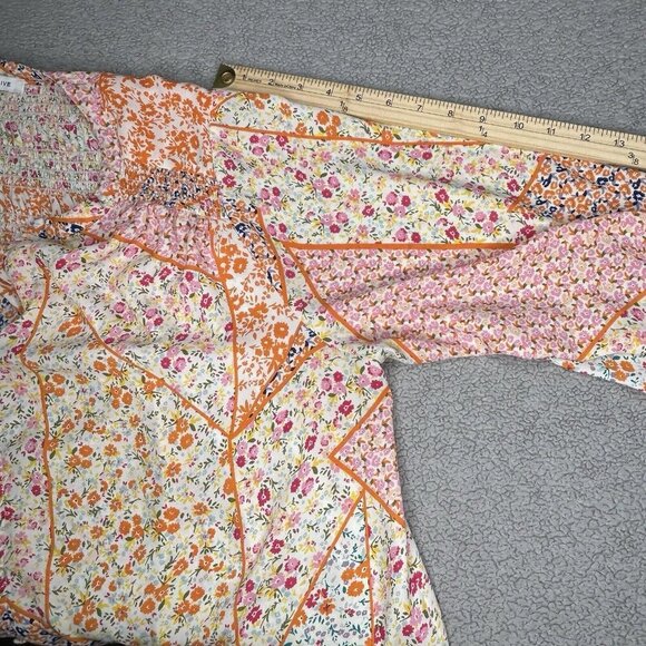 Rose+Olive Top 1X Patchwork Print Orange Pink Floral Boho Smocking Drape Light - Picture 10 of 14